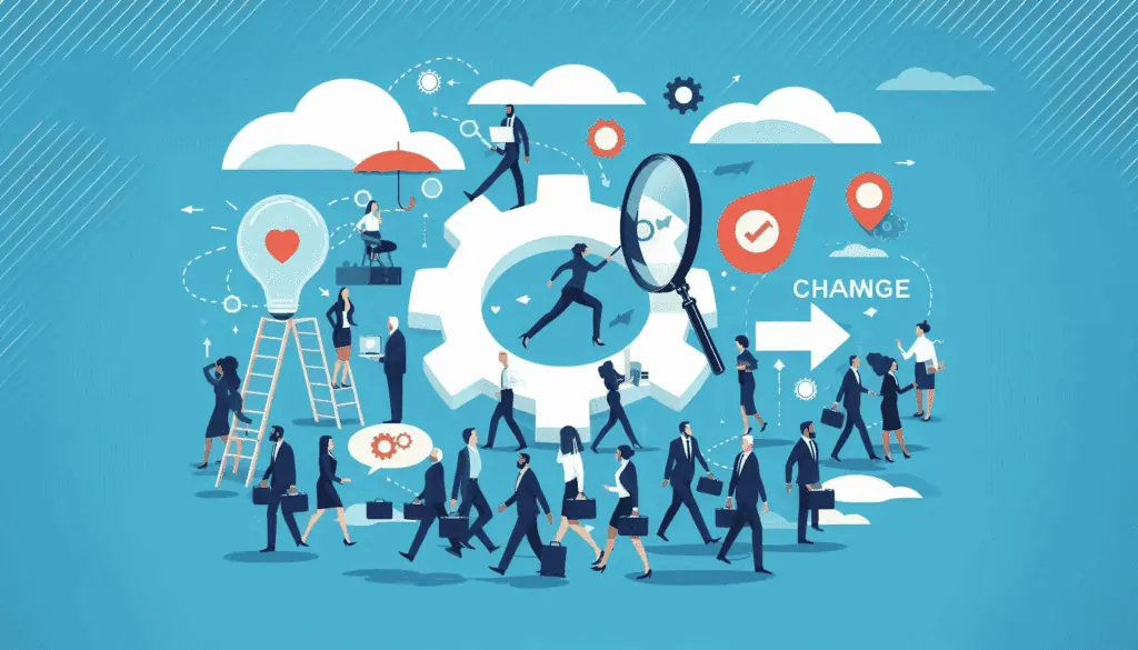 The image depicts diverse professionals collaborating with gears, clouds, and arrows, symbolizing the dynamic process and innovation.