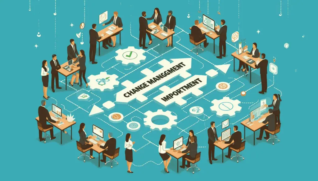 Business professionals collaborating around tables with digital screens, illustrating organizational improvement.