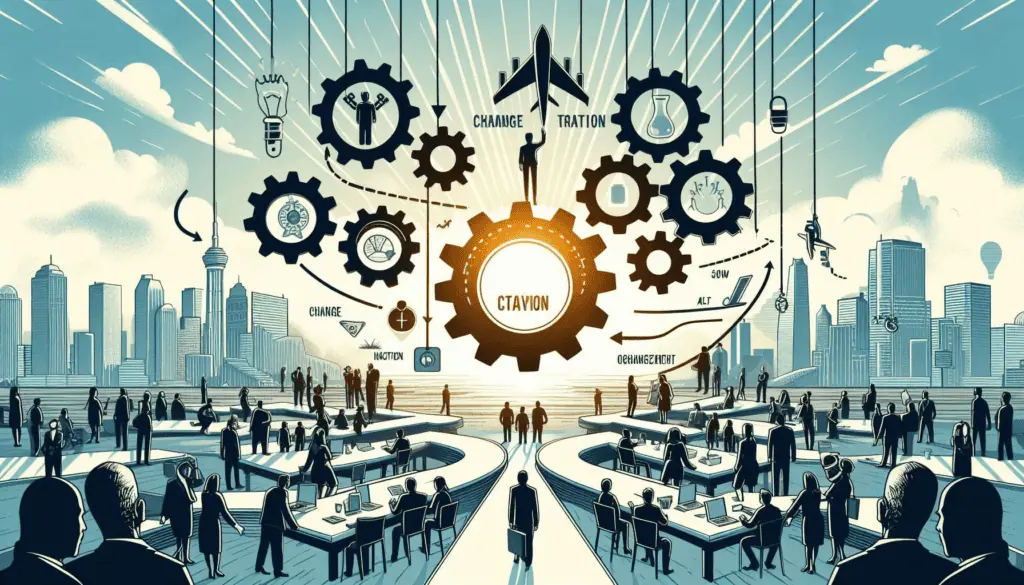 Illustration of change management in an organization, showing interconnected gears with labels, professionals, and a cityscape.