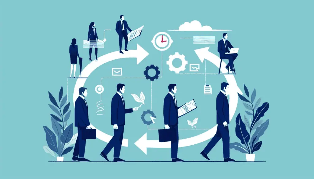 Illustration of a dynamic workplace showing diverse activities linked to ‘Employee Happiness During Change: Strategies For Success’, emphasizing the importance of content employees in transitions