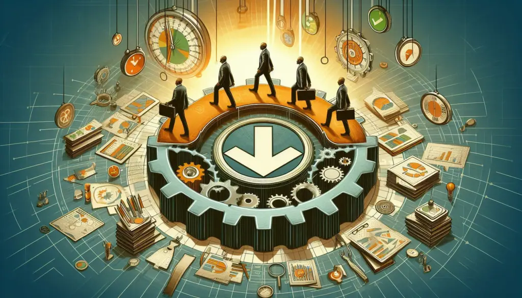 Business people walking around a clockwork globe with an arrow pointing right, symbolizing global business expansion.