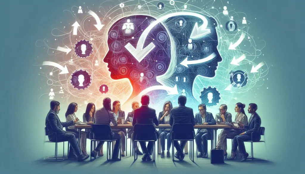 A diverse group of individuals sitting around a table, with a head and brain icon symbolizing brainstorming and collaboration.