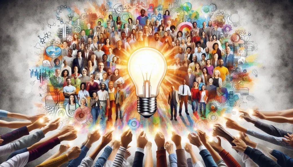Many hands reaching up to a light bulb, symbolizing teamwork and innovation.