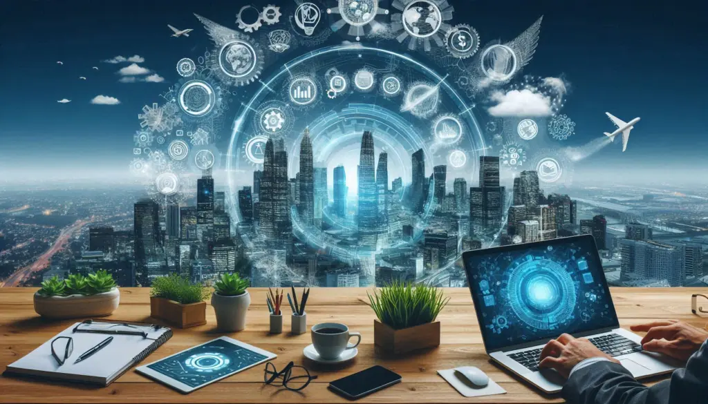 Futuristic cityscape with digital icons and holograms highlighting communication, analytics, and automation.