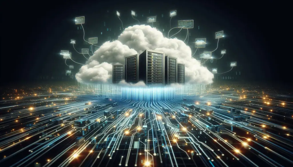 Representation of Digital business in the cloud: servers within a cloud, data streams, and dialogue boxes