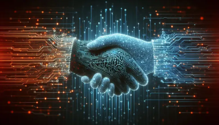 A digital handshake in a circuitry world, symbolizing connectivity and agreement