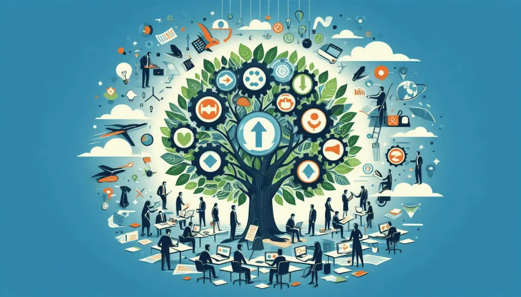 Vibrant tree with business icons and professionals, symbolizing different aspects of the change management process in best change management models.