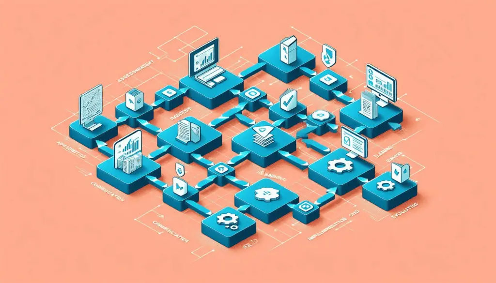 Interconnected blue 3D blocks with icons on a peach background, illustrating stages of the change management process.