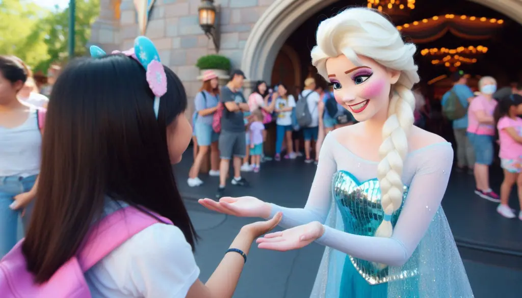 A joyful girl at Disneyland warmly greeted by Elsa, her favorite character