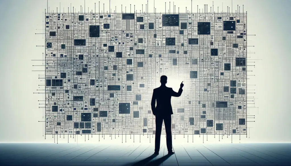 Figure pondering choices among various digital technology options