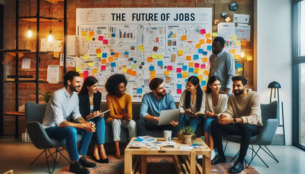 A group of professionals engaged in a meeting, with a board titled ‘THE FUTURE OF JOBS’ in the background, illustrating the concept of creative destruction
