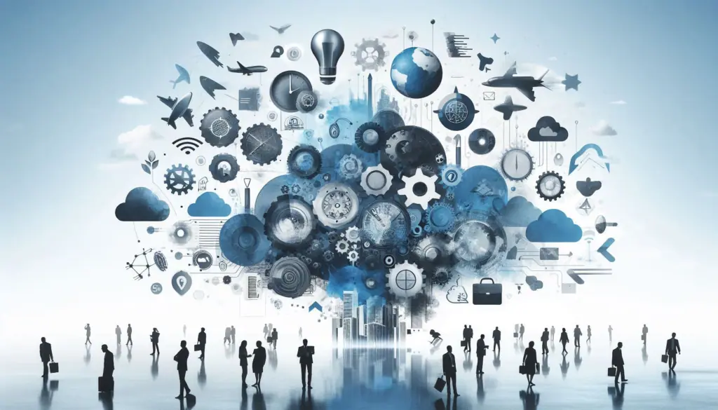 Silhouetted figures advance towards a vibrant tableau of innovation symbols, within business evolution