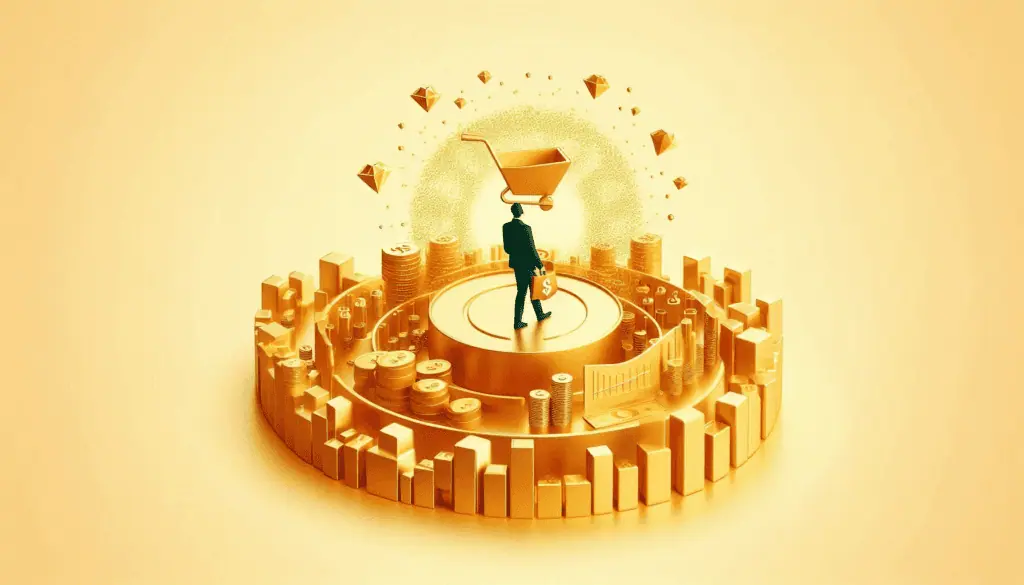 A stylized scene where a figure analyzes charts that morph into golden coins, showcasing retail success