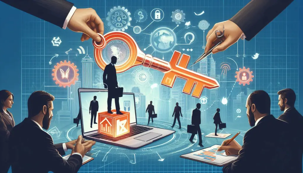 The image creatively represents with a figure on a laptop screen passing a key through the cloud, signifying managers’ pivotal role in successful change