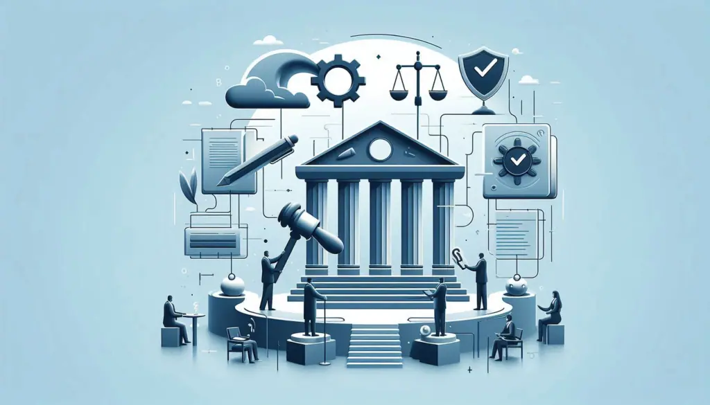 A conceptual graphic of AI in finance, showcasing a bank, gavel, and shields symbolizing robust regulatory compliance