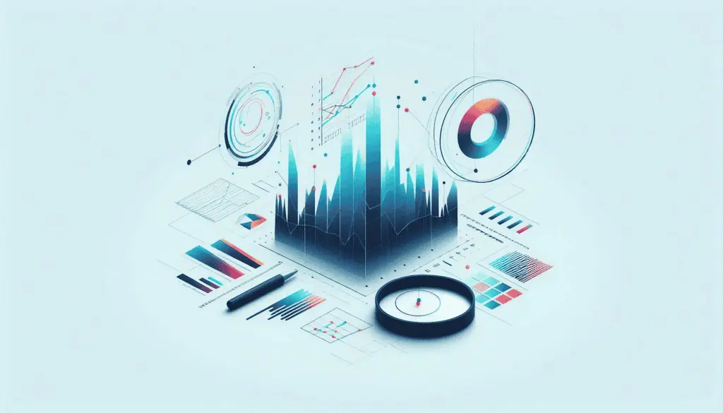 A dynamic 3D graph symbolizing AI in finance, surrounded by analytical tools, depicting data analysis and insights
