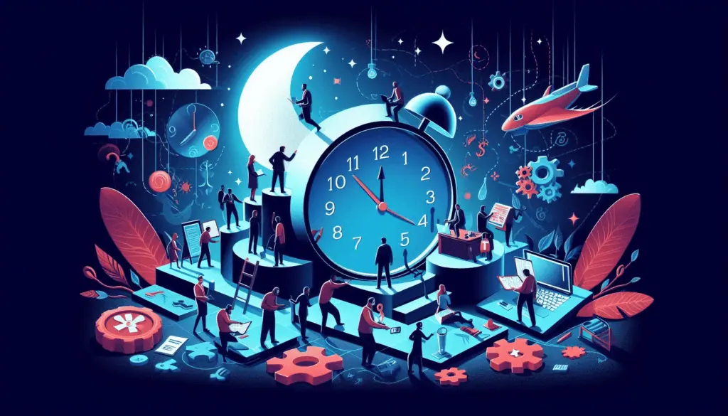 The image conveys the gradual process of ‘managing change in the workplace,’ with figures and a clock symbolizing the time needed to embed lasting changes
