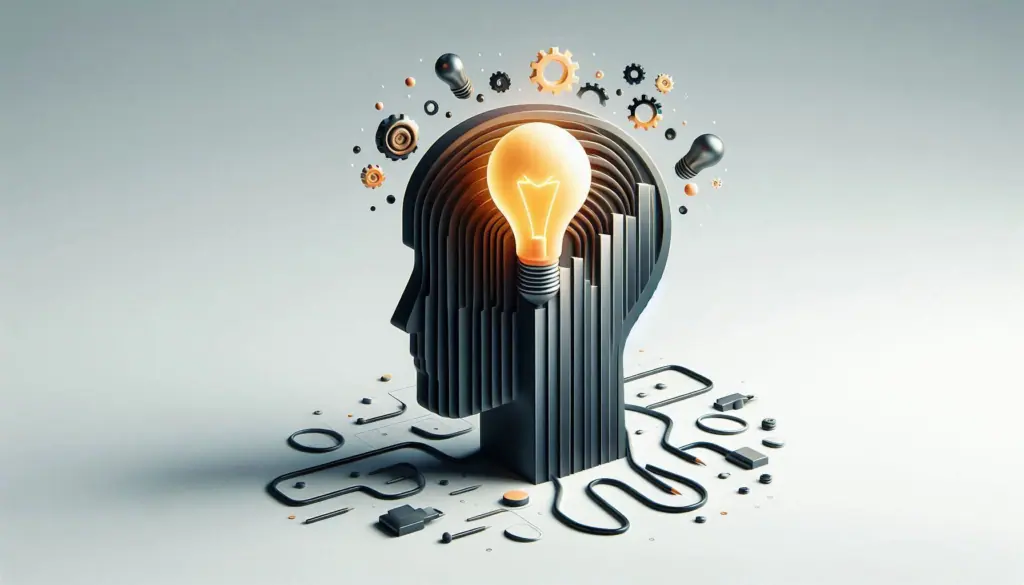 A graphic of a head silhouette with unfolding layers and a light bulb, symbolizing ‘AI in finance’ in product innovation