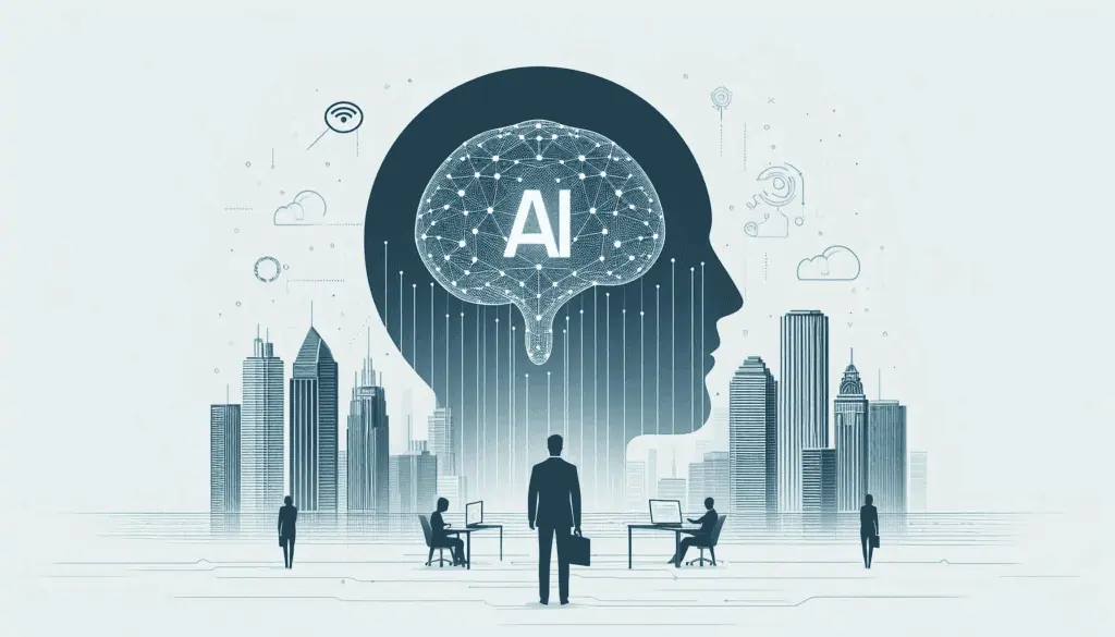 A striking visual of AI for Business Leaders Executive Program, featuring a head silhouette with an AI brain and a city skyline
