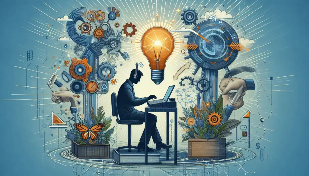 The image portrays a person at a desk, surrounded by symbols of creativity and innovation, emphasizing ‘managing change in the workplace’ for career development