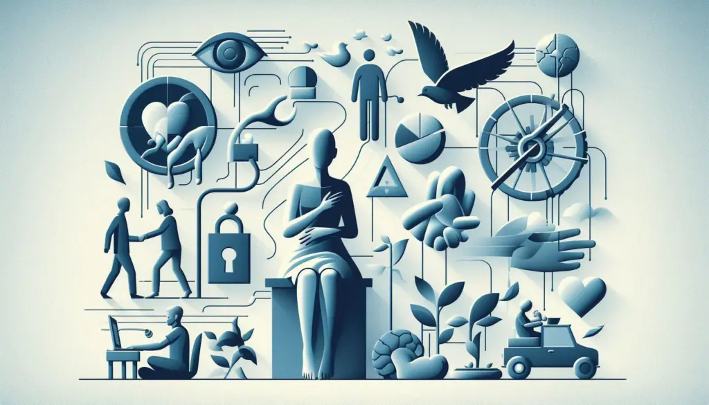An abstract composition reflecting the debate on artificial intelligence, with human silhouettes, gears, and ethereal elements, highlighting ethical and existential themes