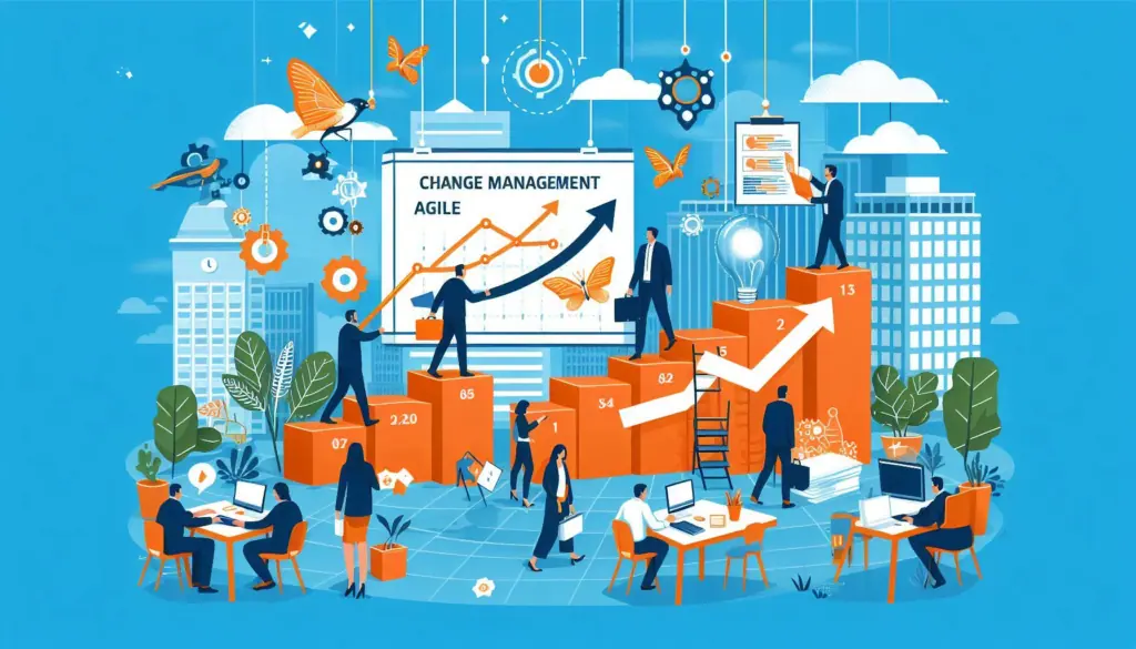 The image portrays an agile office environment, highlighting with elements like CHANGE MANAGEMENT and AGILE visible, reflecting key strategies in OCM