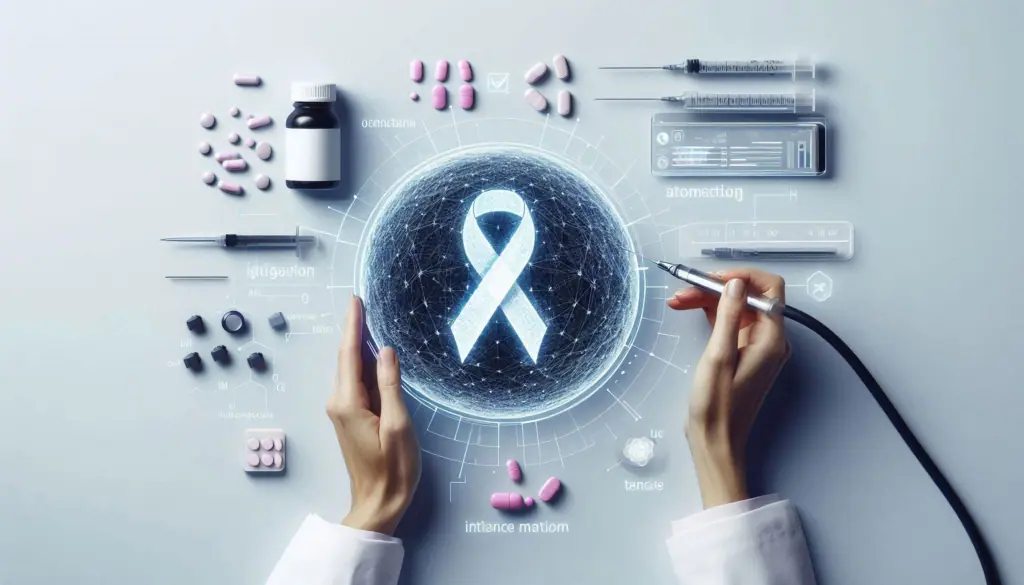 Digital hologram of a blue ribbon, symbolizing AI’s impact in healthcare and job displacement, framed by hands with medical icons