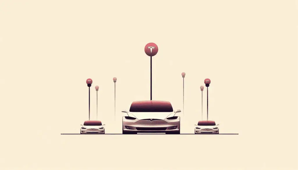 A Tesla car enhanced with autonomous technology, surrounded by robotic arms holding steering wheels, illustrates the impact of AI on job displacement in the automotive industry