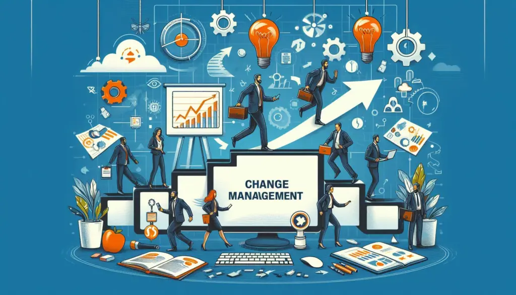 The image captures the essence of showcasing professionals, graphs, and digital tools, vital for strategic OCM adaptability