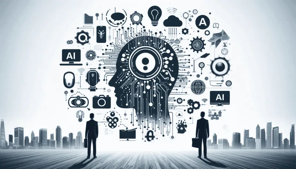 A brain-shaped circuit board centralizes a digital collage, symbolizing AI transformation as a catalyst in modern business landscapes