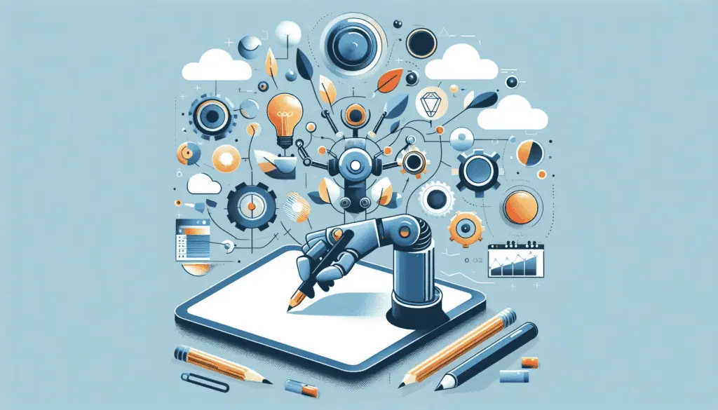 A robotic arm engaged in digital content creation, surrounded by icons of modern marketing tools showing ai for digital agencies