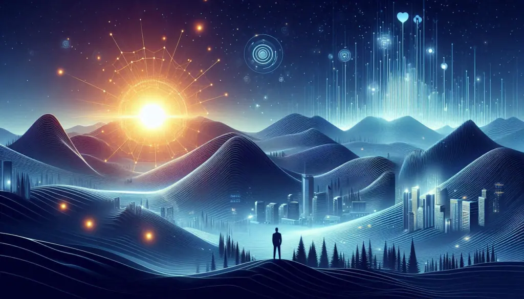 A radiant sunrise over a cityscape with circuit patterns, symbolizing as a new dawn of innovation and growth