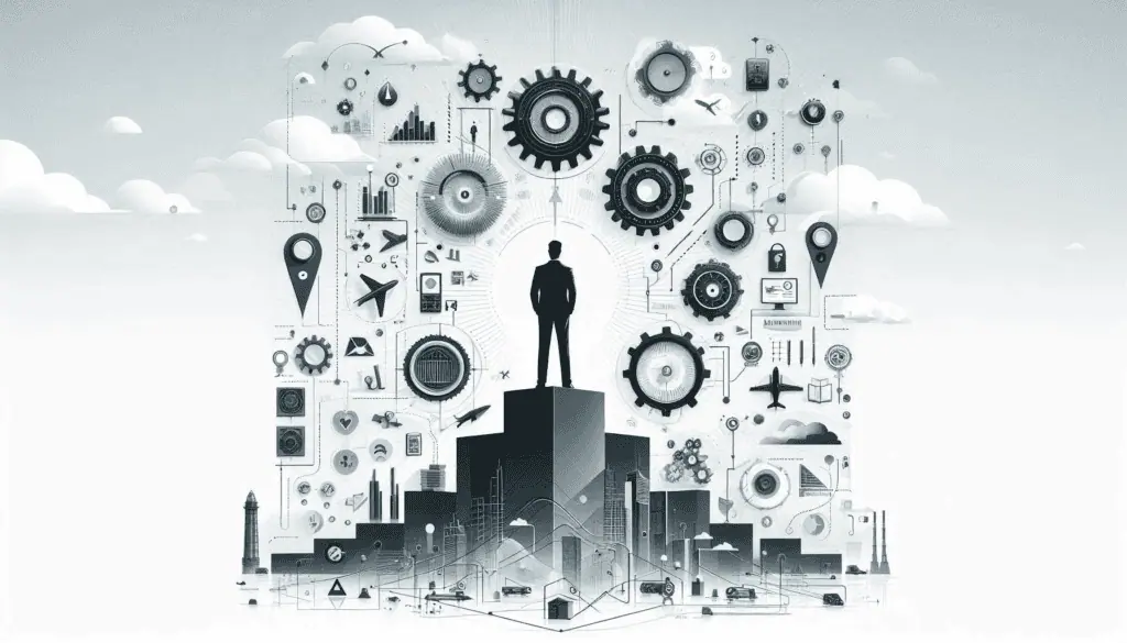 A silhouette stands atop a building, surrounded by gears and embodying the transformative power of automation