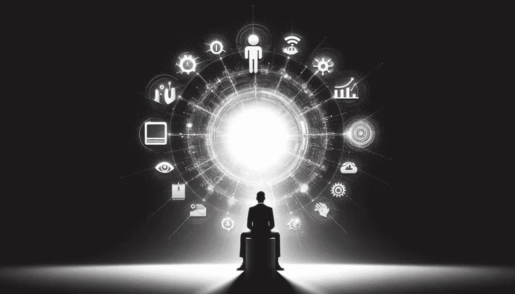 A person’s silhouette before a luminous AI network tree, showing burgeoning role in business innovation