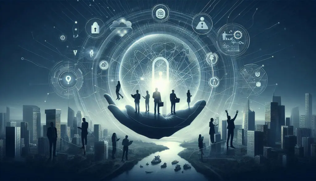 A digital palm cradling business silhouettes, symbolizing 'ai in finance' as a safeguard in revolutionizing risk management