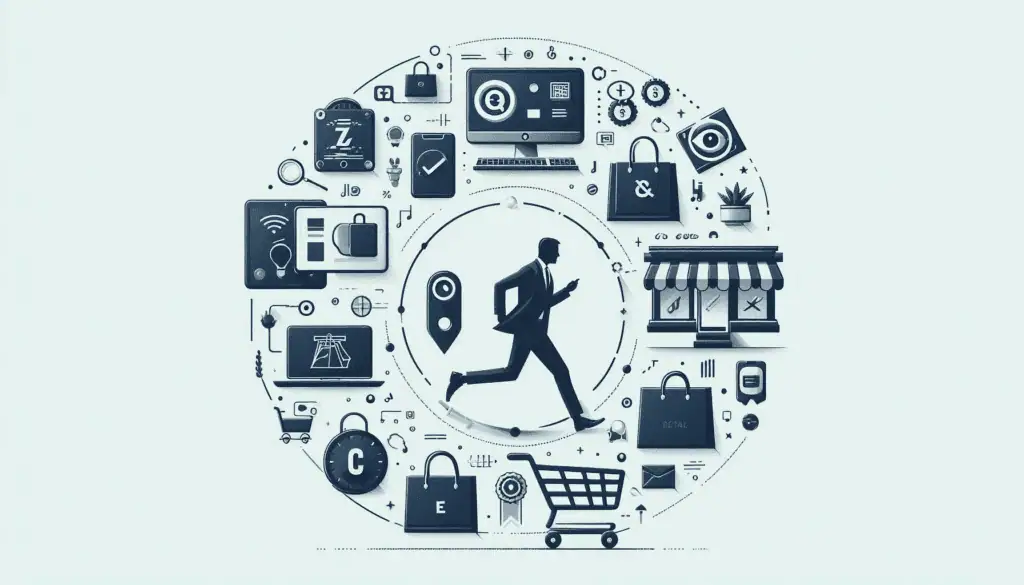 A central figure with a briefcase stands amidst icons enhancing shopping experiences and consumer behavior in retail