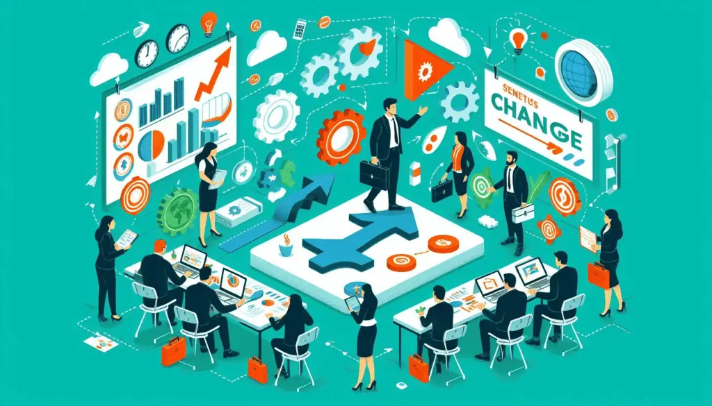 The image conveys the benefits of change management in the workplace, showing figures engaging in growth-focused activities around symbols of innovation