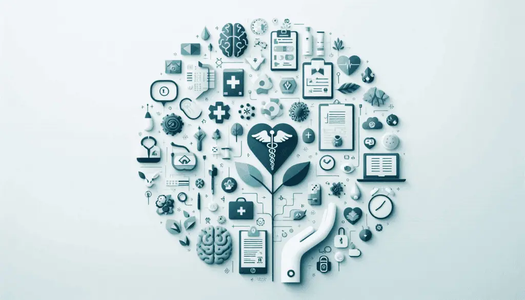 A heart-shaped arrangement of healthcare icons against a blue backdrop in advancing healthcare solutions