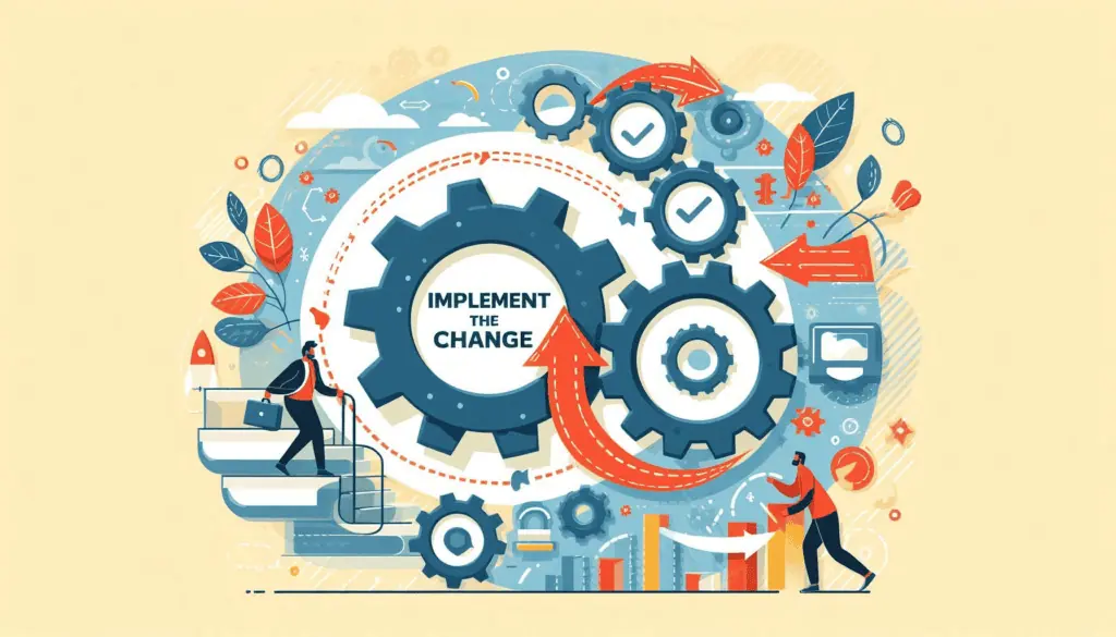The image illustrates the implementation of organizational changes, featuring figures with gears and checkmarks, emphasizing ‘managing change in the workplace