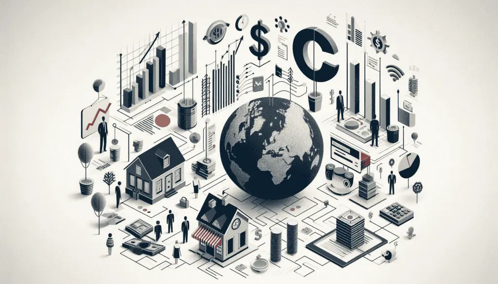 A stylized Earth takes center stage among icons of global finance, highlighting the pivotal role in economic forecasting and trends