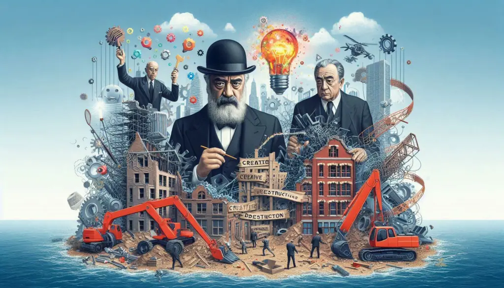 Creative Destruction.’ Behind them, a chaotic blend of construction and destruction illustrates Schumpeter’s theory, with innovative ideas emerging from the rubble