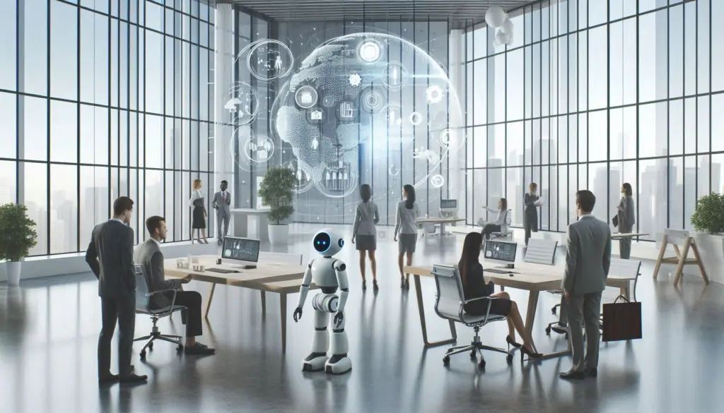 A modern office scene blending humans and AI, with a central holographic globe, encapsulates the ‘Future of Work with AI’ in a connected world