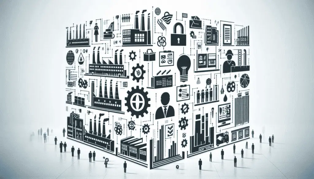 An intricate cube with industrial in manufacturing, with silhouetted figures implying teamwork