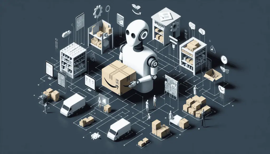 Isometric view of Amazon’s AI-driven inventory system with a robotic arm sorting packages, highlighting efficiency and AI’s role in job displacement