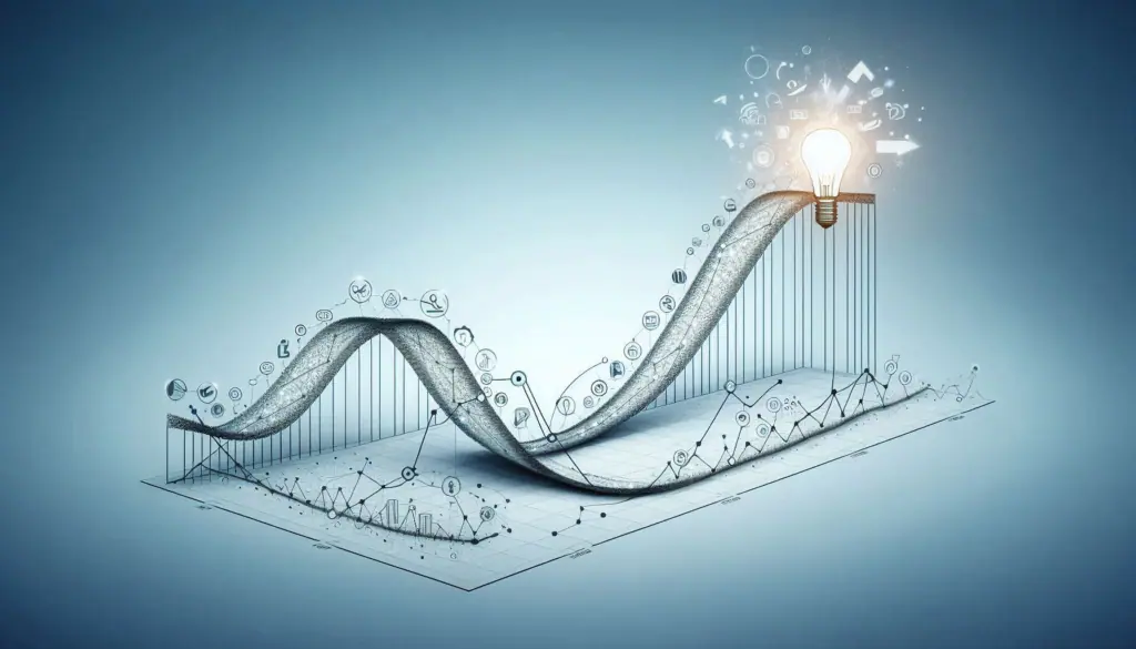 An abstract graph transforming into a light bulb symbolizes the ‘Future of Work with AI’ in the context of the Double S-Curve of Innovation, indicating insights derived from data analysis
