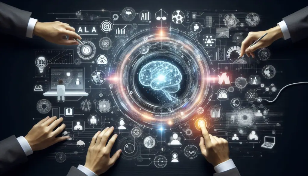 A dynamic visual metaphor for AI-powered workflow automation, depicting hands engaging with a digital interface of a brain and technology icons