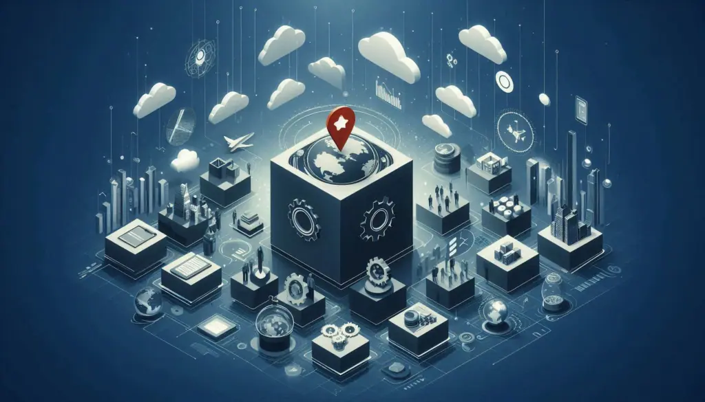 A futuristic cityscape with cogs and digital icons, streamlining operational efficiency