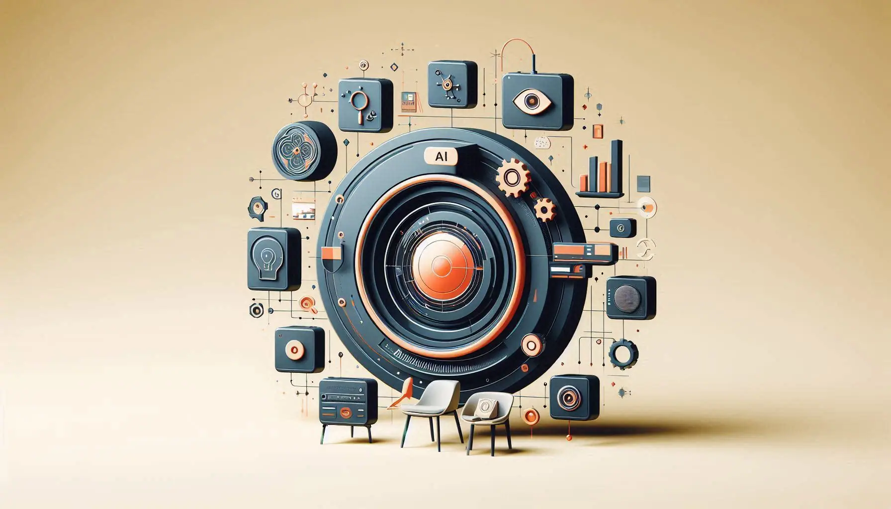 A conceptual art piece with a central camera lens, tech elements, and icons, depicting the immediacy and precision of AI analytics in real-time insights