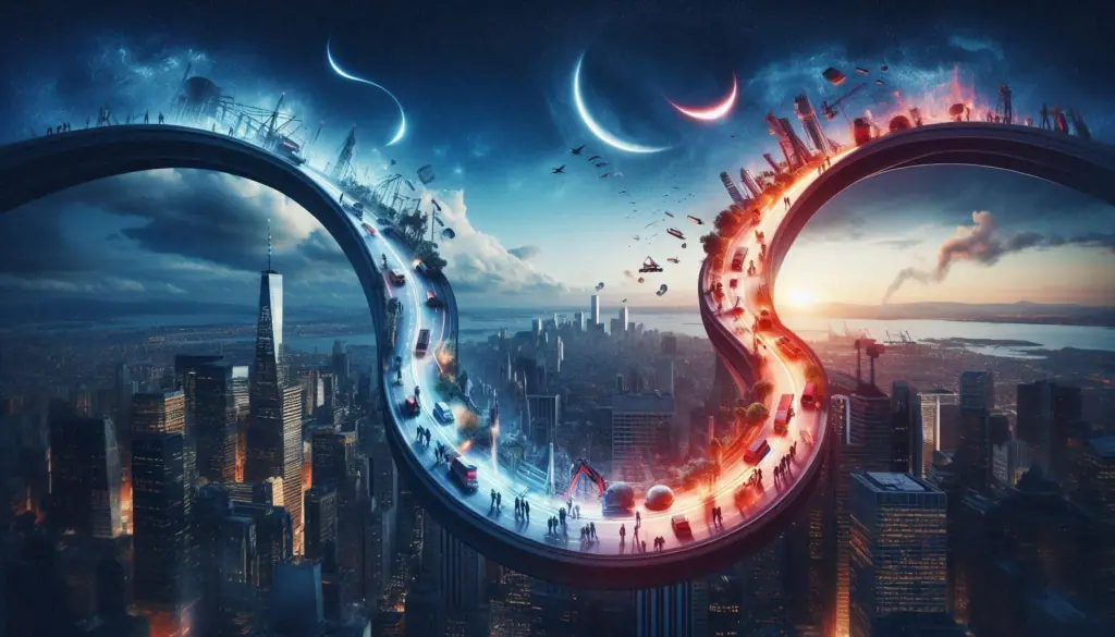 Abstract representation of the Double S-Curve on Job Loss and Creation, reflecting the impact of artificial intelligence. Will AI take over the world?