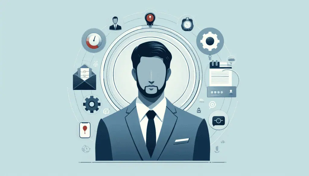 The image depicts a stylized illustration of a faceless person in a suit, surrounded by icons representing communication, analytics, and technology, enhancing employee engagement and experience
